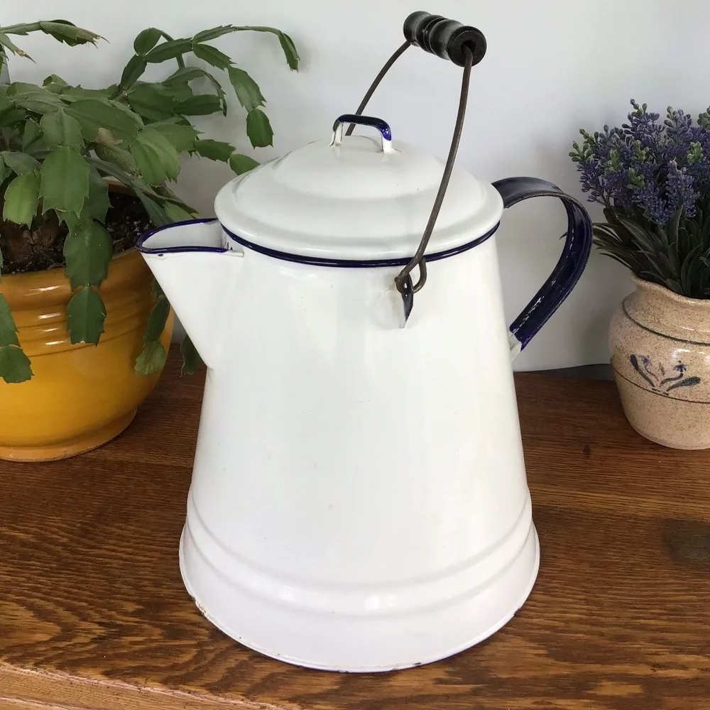 Vintage Enamel White & Blue Coffee Pot & Lid Kettle Enamelware Rustic Antique